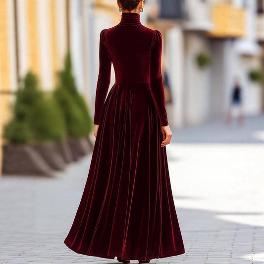 Women's High-Neck Maxi Dress – Puff Sleeve Flared Skirt