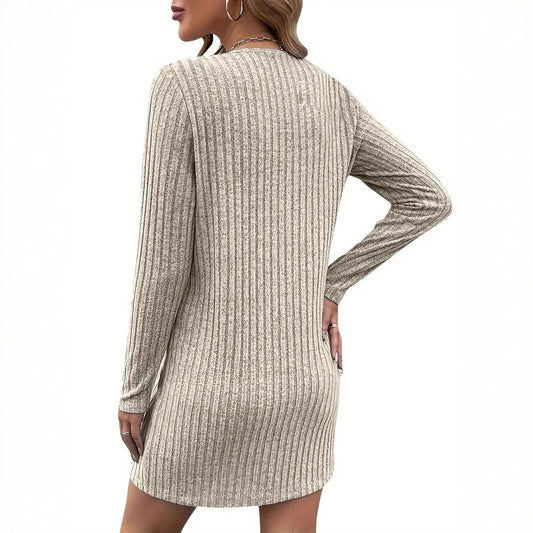 Women's Ribbed Midi Dress – Zip V-Neck Relaxed Fit